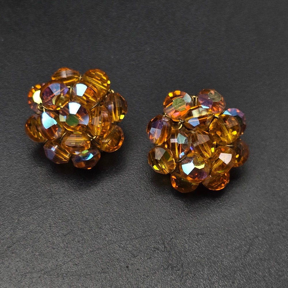 Les Bernard Aurora Borealis Beaded Clip On Earrings Vintage Costume Jewelry